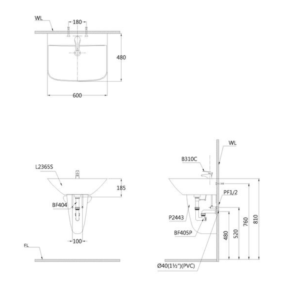 Chậu rửa lavabo treo tường chân lửng Caesar L2365+P2443 L2365+P2443 - 2