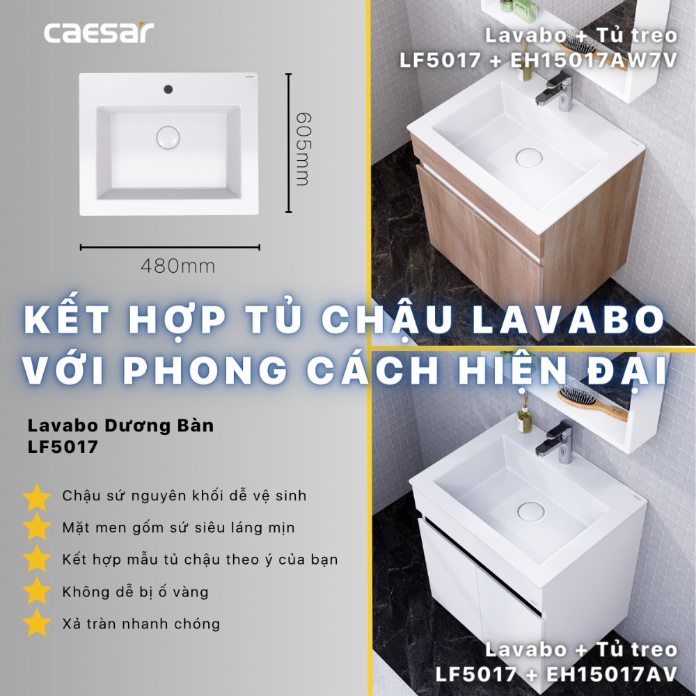 Bộ tủ chậu cabinet treo vân gỗ Caesar LF5017+EH15017AW7V LF5017+EH15017AW7V - 6