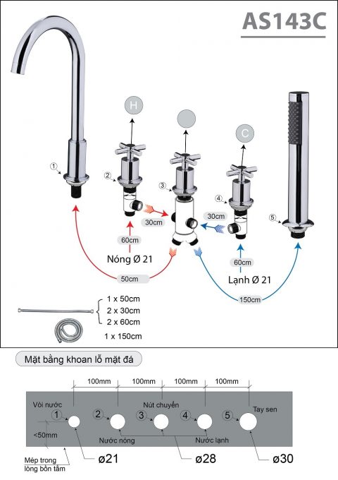 Bộ vòi sen trên bồn tắm nóng lạnh Caesar AS143C - 5
