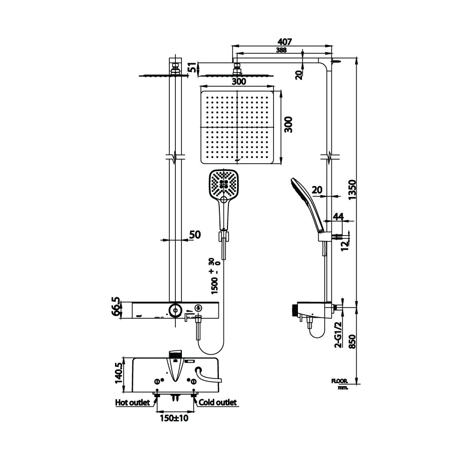 Bộ sen cây COTTO CT2307W nhiệt độ bát vuông có điều khiển bật tắt bằng nút nhấn CT2307W - 2