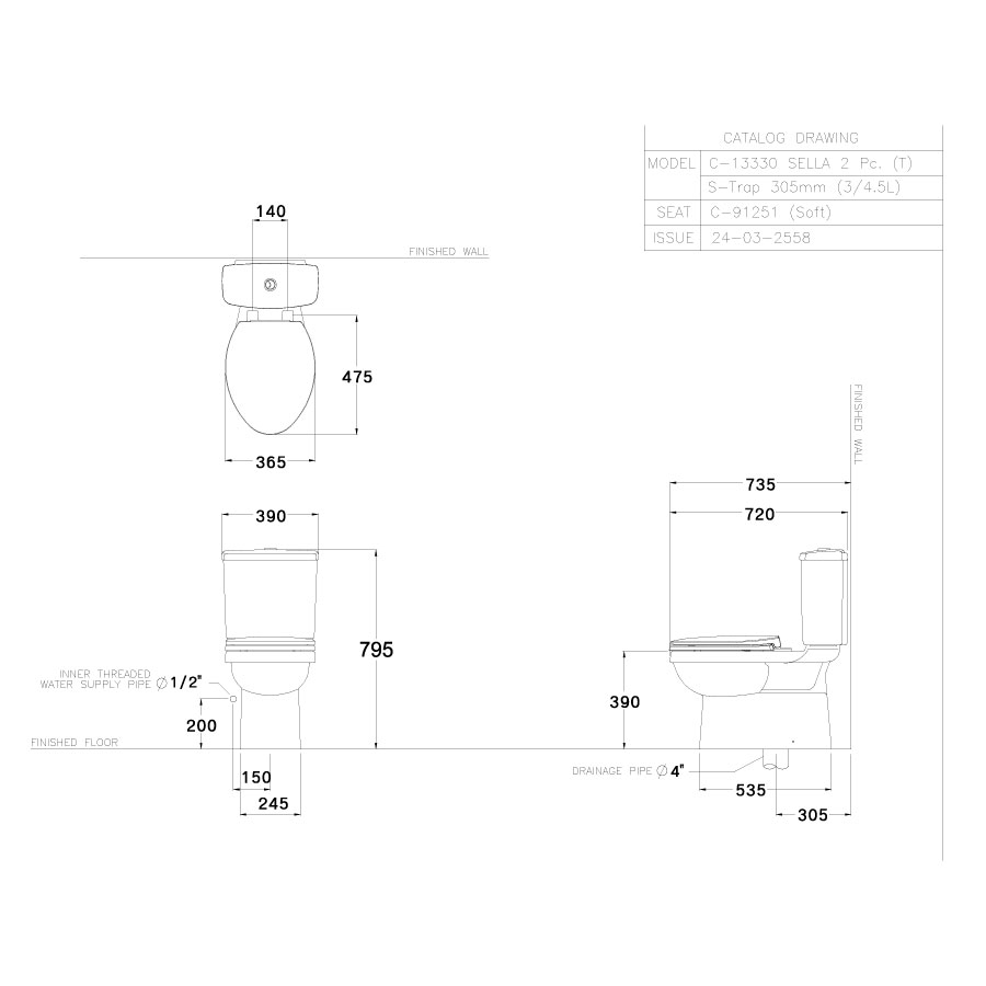 Bồn cầu 2 khối COTTO C13330 nắp êm dòng Sella C13330 - 2