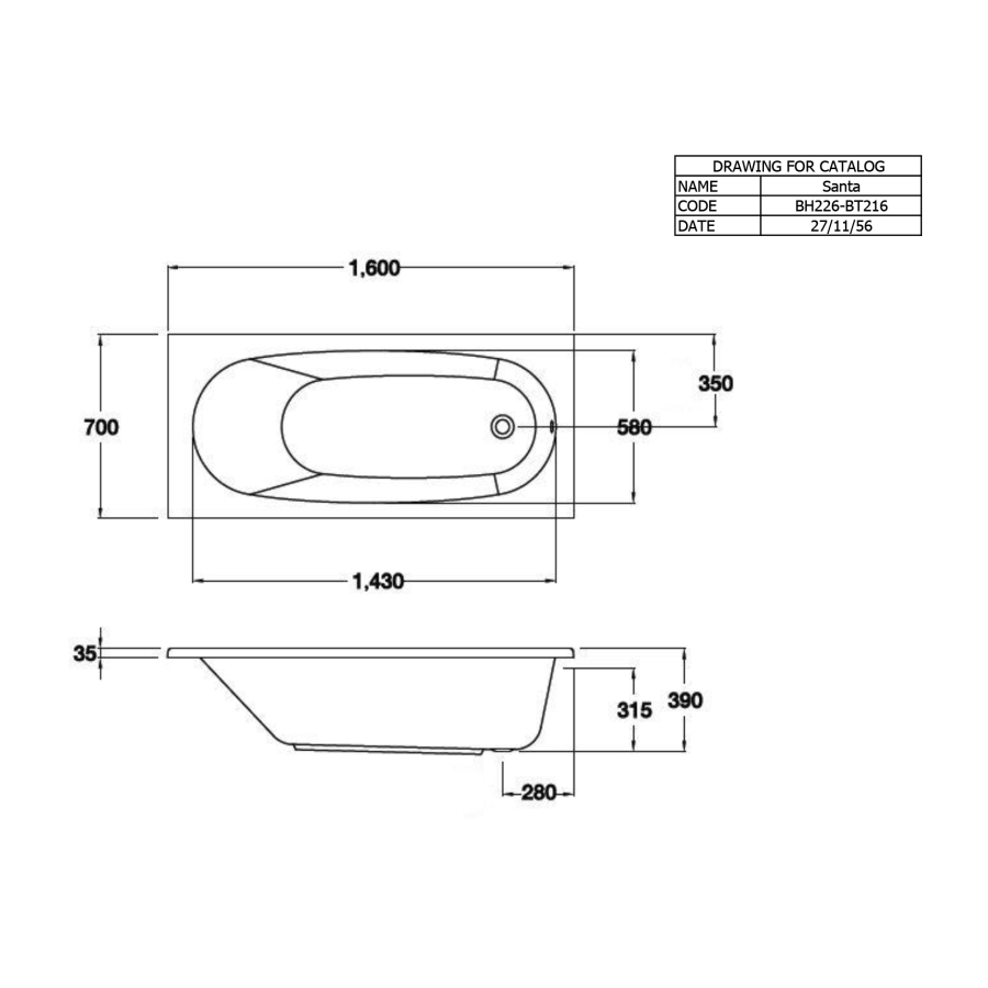 Bồn tắm COTTO BT216D(H) xây bệ không tay vịn xả dây xích - 2