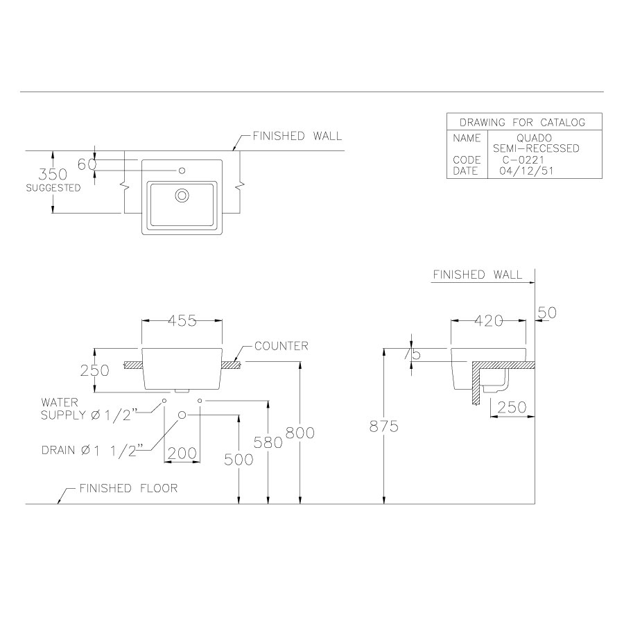 Chậu rửa mặt lavabo bán âm COTTO C02217 Quado C02217 - 2