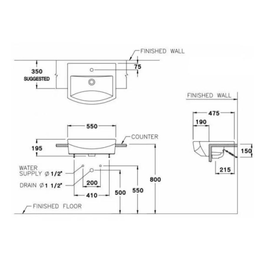 Chậu rửa mặt lavabo COTTO C02427 bán âm Tetragon C02427 - 2