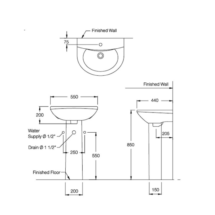 Chậu lavabo treo tường COTTO C014 Wendy C014 - 2