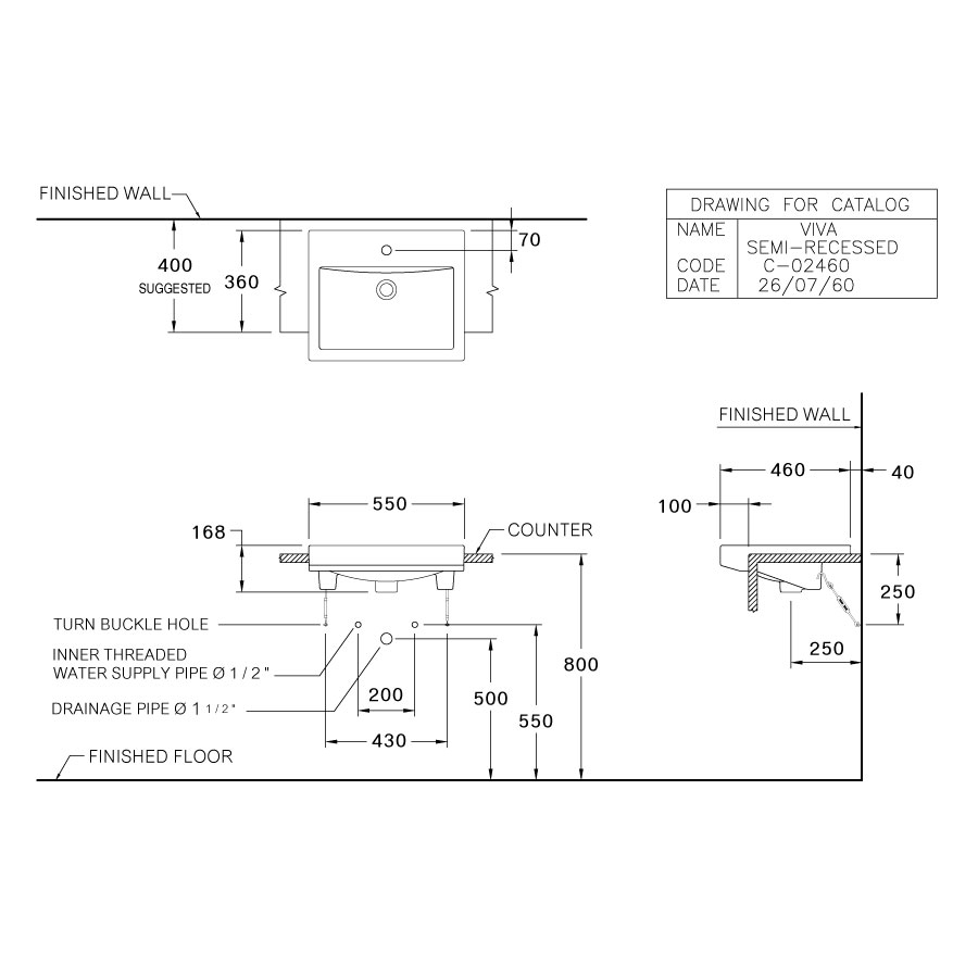 Chậu lavabo treo tường COTTO C02460 Viva C02460 - 2