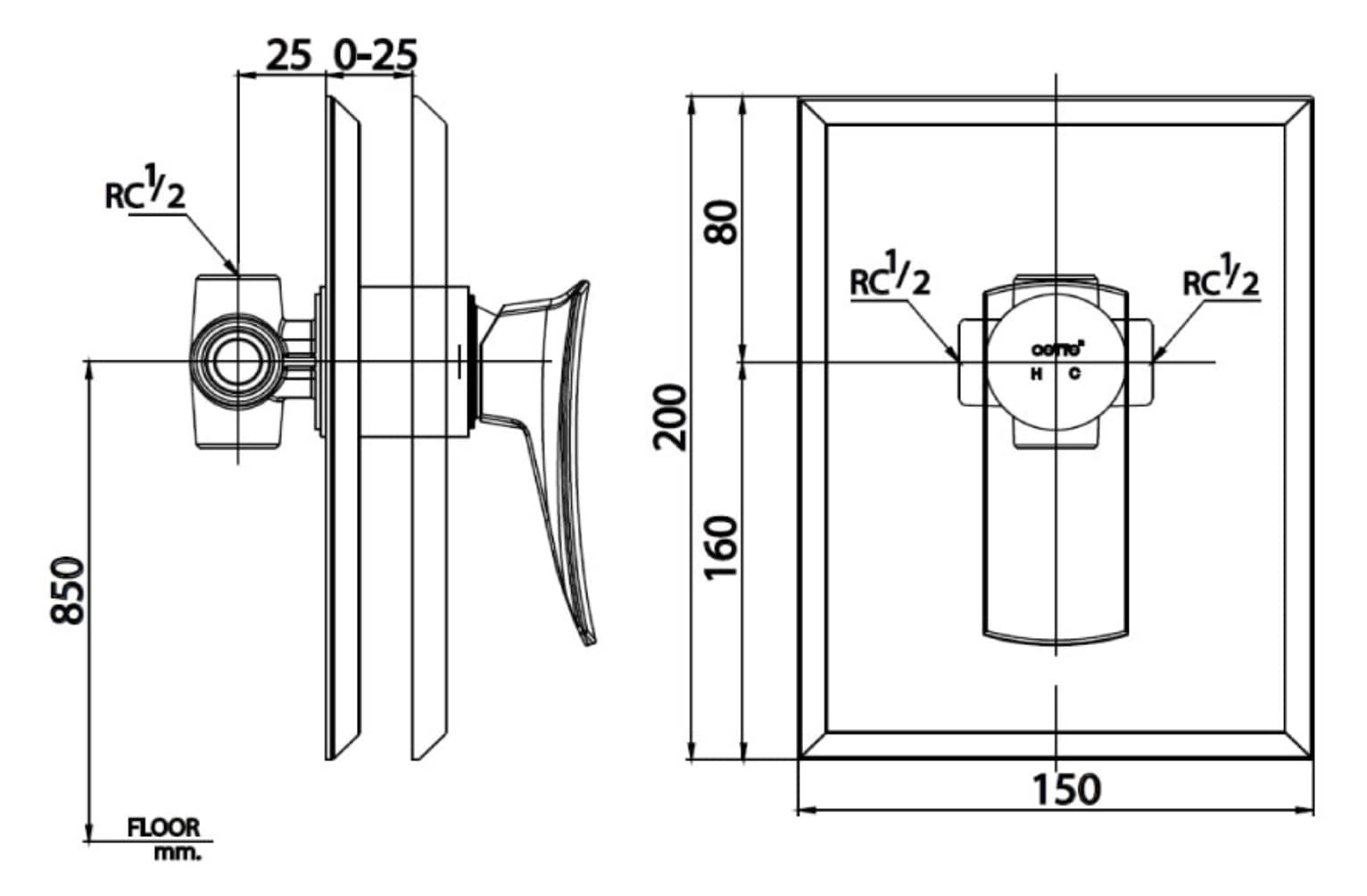 Van điều chỉnh âm tường COTTO CT2256A nóng lạnh 1 đường nước Thantara CT2256A - 6