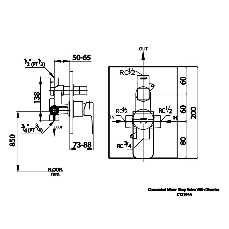 Van điều chỉnh âm tường COTTO CT2194A nóng lạnh kèm van dừng 2 đường nước Sonata CT2194A - 2