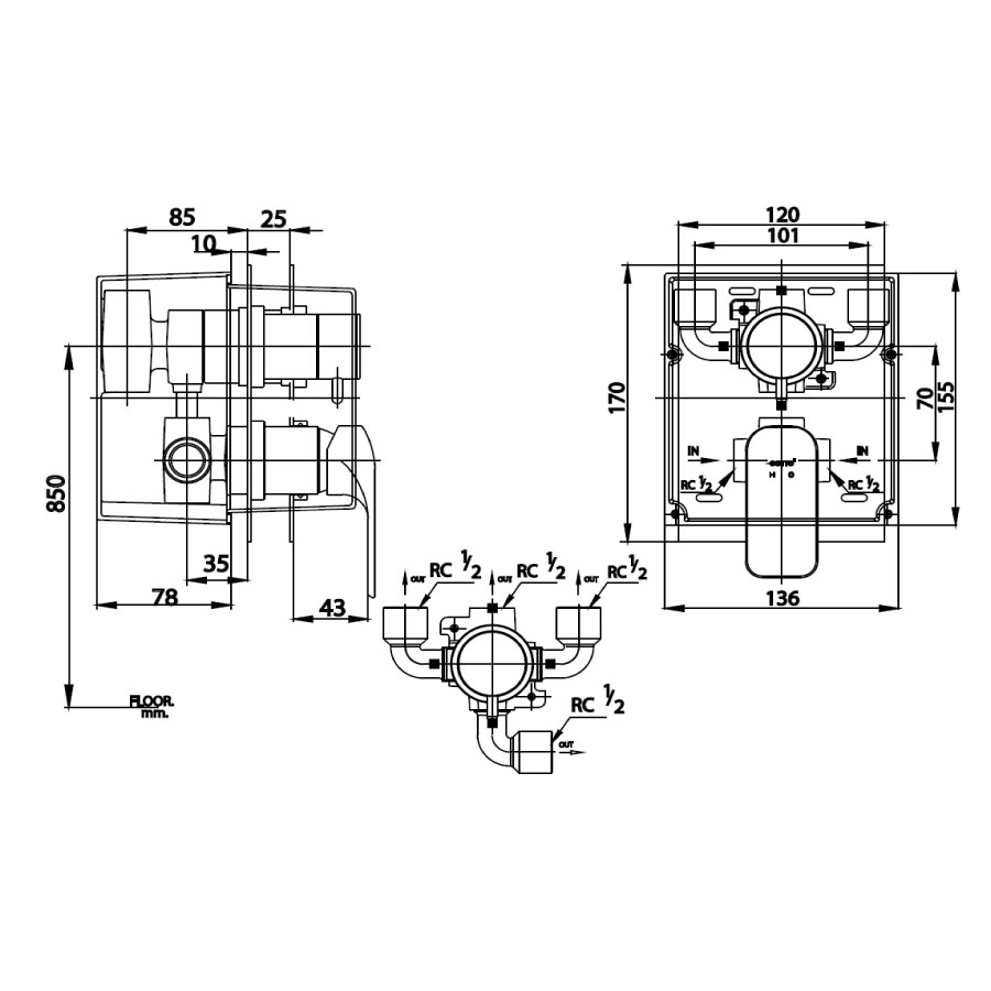Van điều chỉnh âm tường COTTO CT2245A nhiệt độ nóng lạnh kèm van chuyển hướng 4 đường nước Scirocco CT2245A - 2
