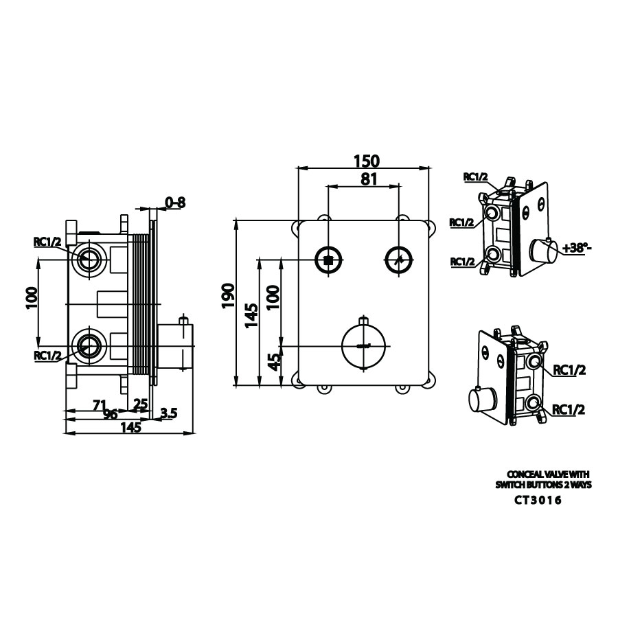 Van điều chỉnh âm tường COTTO CT3016 nhiệt độ nóng lạnh kèm van chuyển hướng 2 đường nước Switch CT3016 - 2