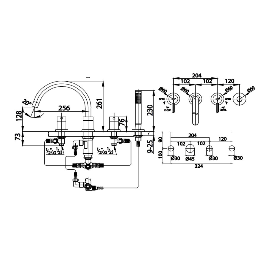 Bộ vòi xả bồn tắm COTTO CT337YS45 4 lỗ nóng lạnh xây bệ Anthony - 2