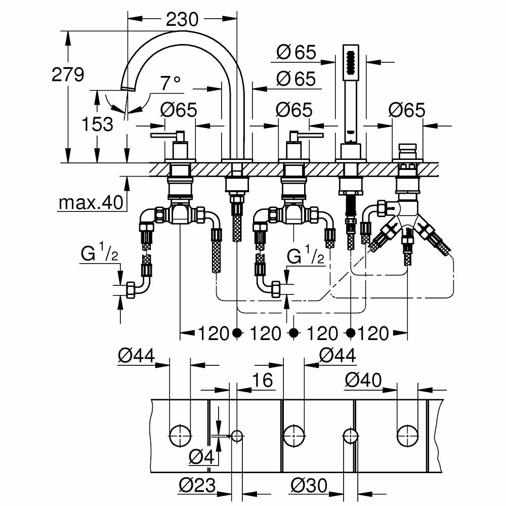 Vòi bồn tắm 5 lỗ nóng lạnh kèm tay sen Atrio GROHE 19922003 - 2