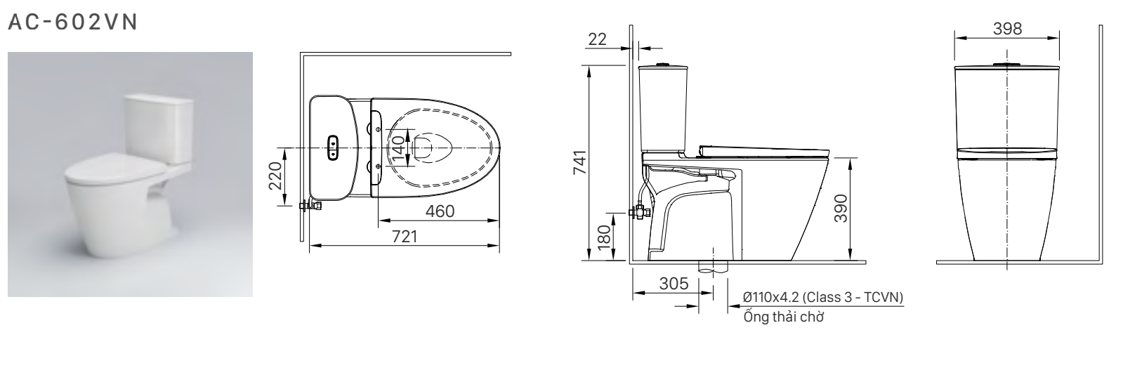 Bồn cầu 2 khối nắp điện tử INAX AC-602 + CW-H17VN AC-602+CW-H17VN/BW1 - 3