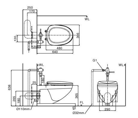 Bồn cầu treo tường nắp rửa cơ INAX AC-22P + CW-S15VN AC-22P+CW-S15VN/BW1 - 2