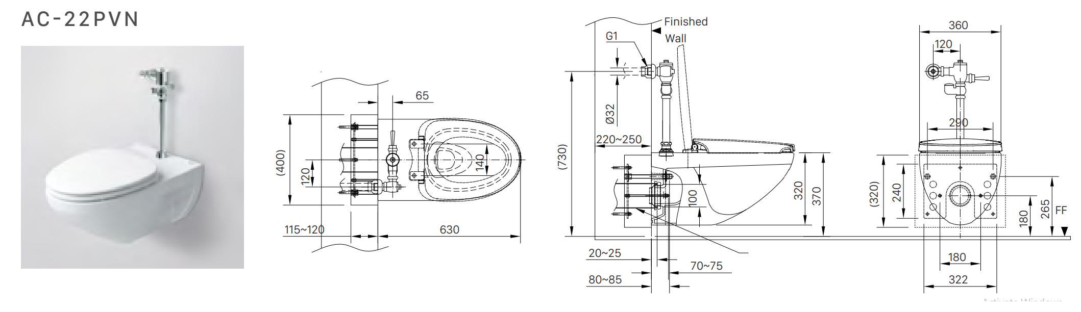 Bồn cầu treo tường nắp rửa cơ INAX AC-22P + CW-S15VN AC-22P+CW-S15VN/BW1 - 4