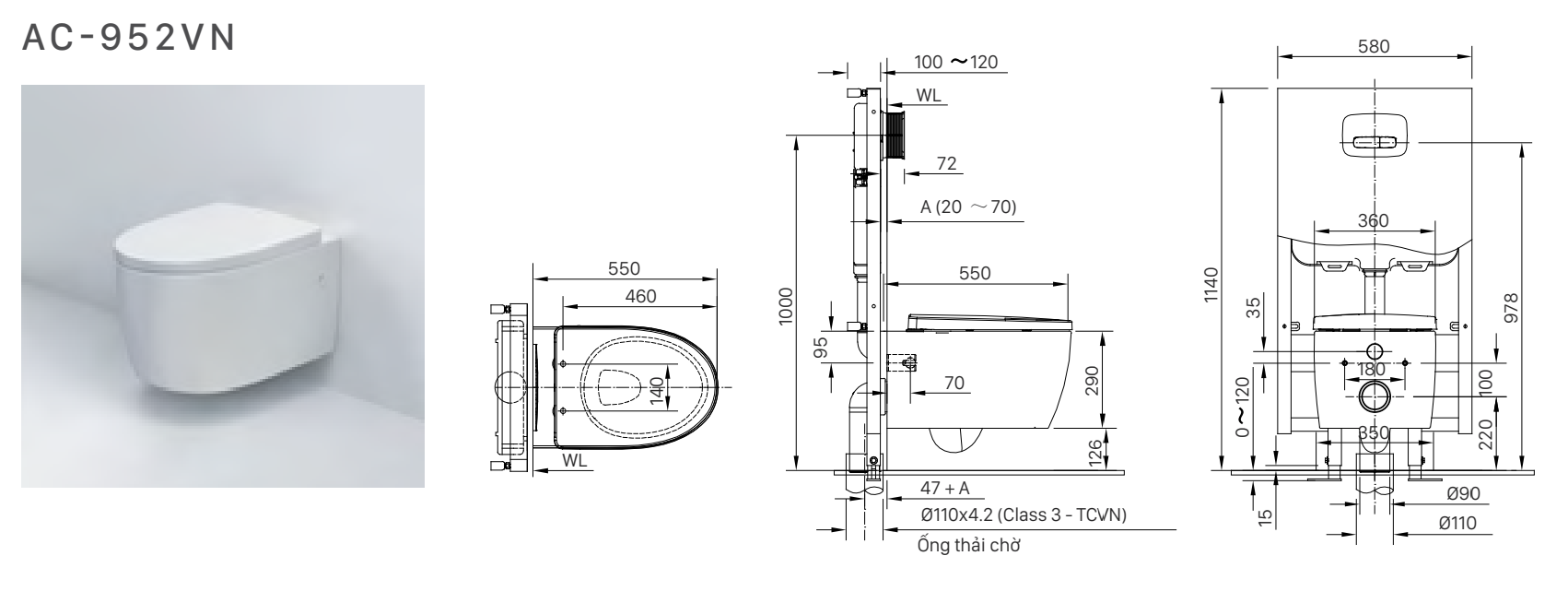 Bồn cầu treo tường nắp rửa cơ INAX AC-952 + CW-S32VN AC-952+CW-S32VN/BW1 - 4