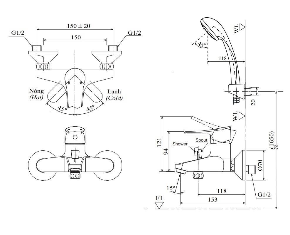 Bộ vòi sen tắm nóng lạnh INAX BFV-1003S-1C (BFV1003S1C) BFV-1003S-1C - 2
