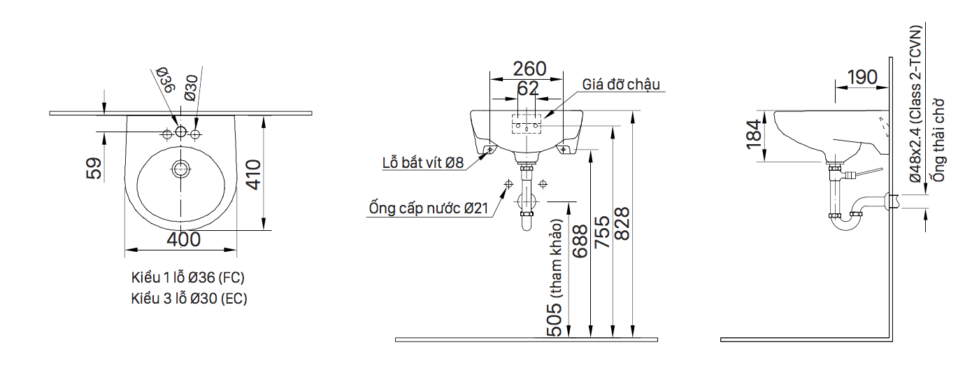 Chậu rửa lavabo treo tường INAX L-282V (L282V) (L-282VFC) L-282VFC/BW1 - 3