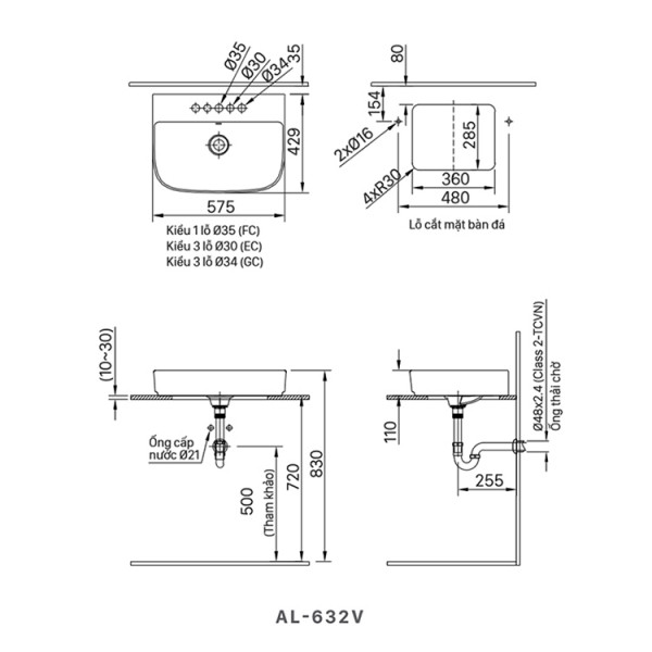 Chậu rửa lavabo đặt bàn INAX AL-632V (AL632V) (AL-632VFC) men Aqua Ceramic AL-632VFC/BW1 - 6