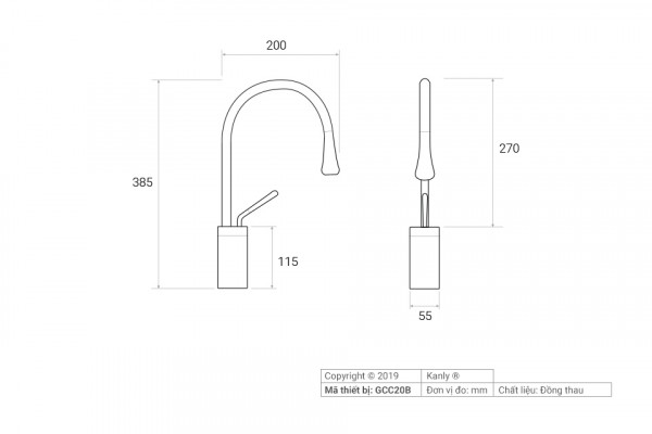 Vòi chậu KANLY thân cao nóng lạnh GCC20B GCC20B - 2