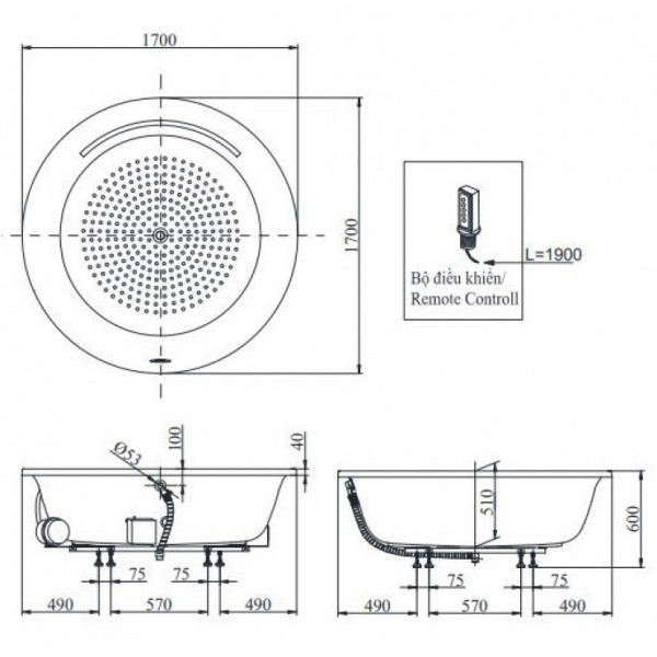 Bồn tắm massage TOTO PPYB1720HPTE#P ngọc trai 1m7 tay vịn - 2