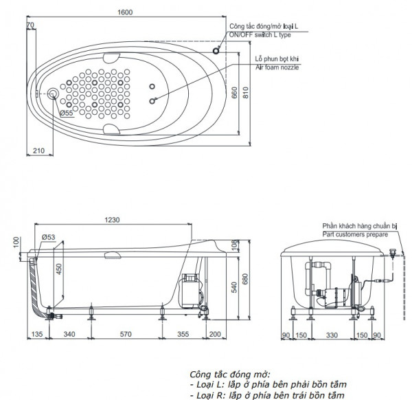Bồn tắm massage TOTO PPYB1610LHPTE#P ngọc trai 1m6 tay vịn - 2