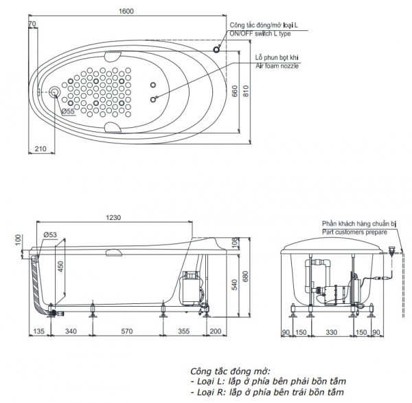 Bồn tắm massage TOTO PPYB1610RHPTE#P ngọc trai 1m6 tay vịn - 2
