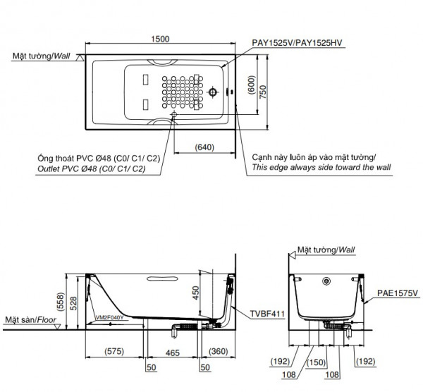 Bồn tắm yếm TOTO PAY1525VC#W nhựa 1m5 - 2