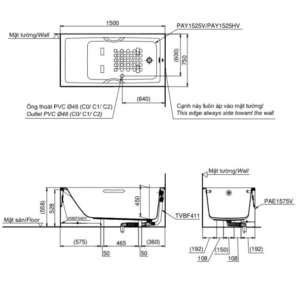 Bồn tắm yếm TOTO PAY1525HVC#W nhựa 1m5 tay vịn - 2
