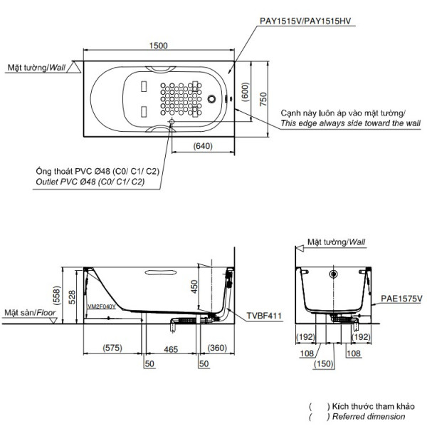Bồn tắm yếm TOTO PAY1515HVC#W nhựa 1m5 tay vịn - 2