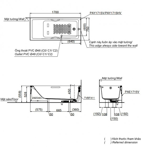 Bồn tắm yếm TOTO PAY1715HVC#W nhựa 1m7 tay vịn - 2