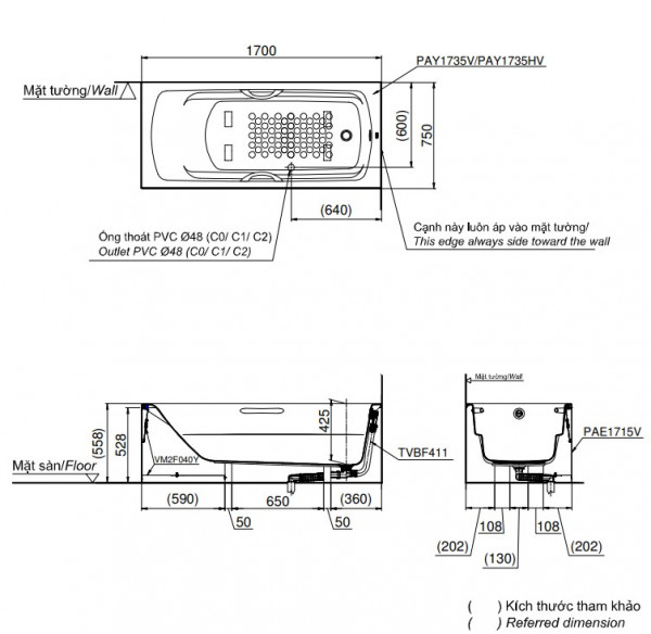 Bồn tắm yếm TOTO PAY1735HVC#W nhựa 1m7 tay vịn - 2