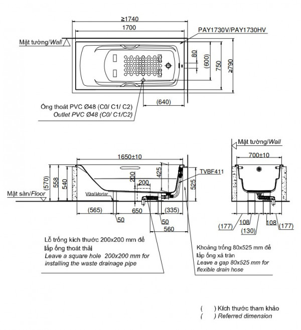 Bồn tắm TOTO PAY1730V#W nhựa 1m7 - 2