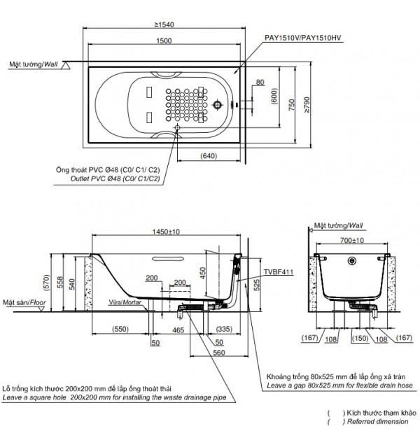 Bồn tắm TOTO PAY1510V#W nhựa 1m5 - 2
