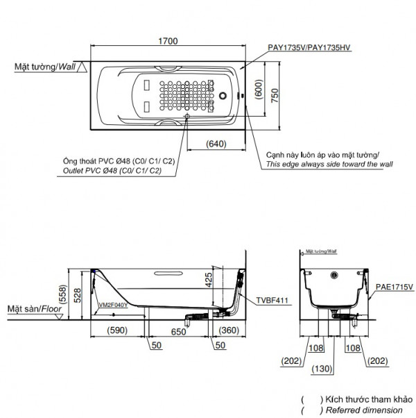 Bồn tắm yếm TOTO PAY1735VC#W nhựa 1m7 - 2