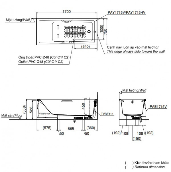 Bồn tắm yếm TOTO PAY1715VC#W nhựa 1m7 - 2