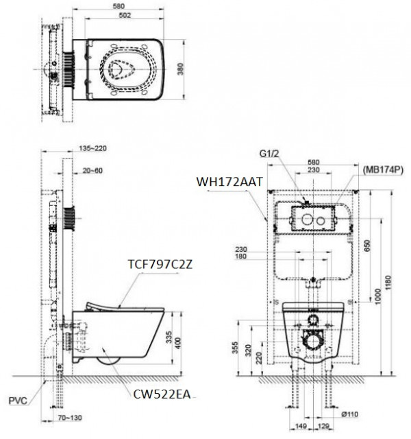 Bồn cầu treo tường điện tử SX (giấu dây) xả tự động TOTO CW522EA TCF797C2Z WH172AAT MB171M CW522EA#NW1/TCF797C2Z#NW1/WH172AAT/MB171M#SS - 5