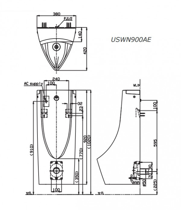 Bồn tiểu nam TOTO USWN900AE HHF90603 treo tường kèm van cảm ứng USWN900AE#XW/HHF90603 - 2