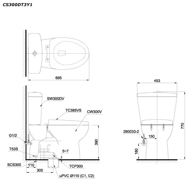 Bồn cầu 2 khối TOTO CS300DT3Y1 nắp đóng êm TC385VS CS300DT3Y1#W - 4