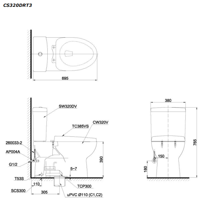 Bồn cầu 2 khối TOTO CS320DRT3 kèm nắp đóng êm TC385VS - 7