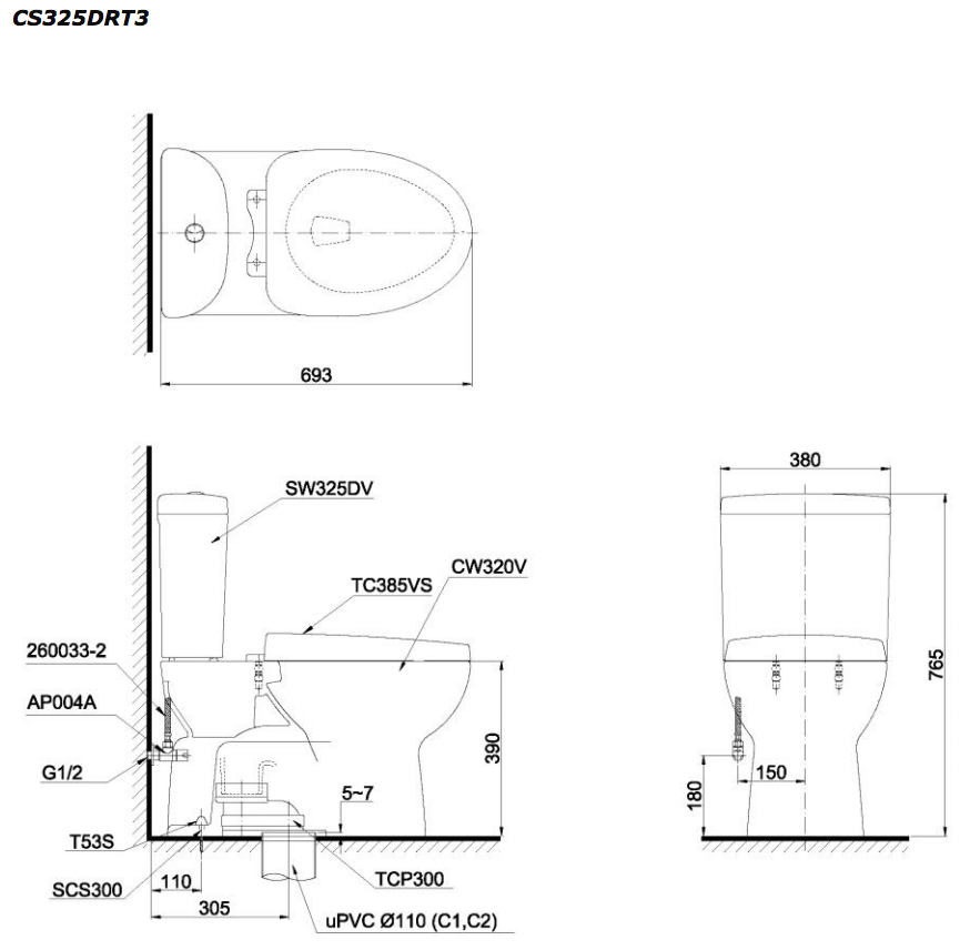 Bồn cầu 2 khối TOTO CS325DRT3 kèm nắp đóng êm TC385VS - 11