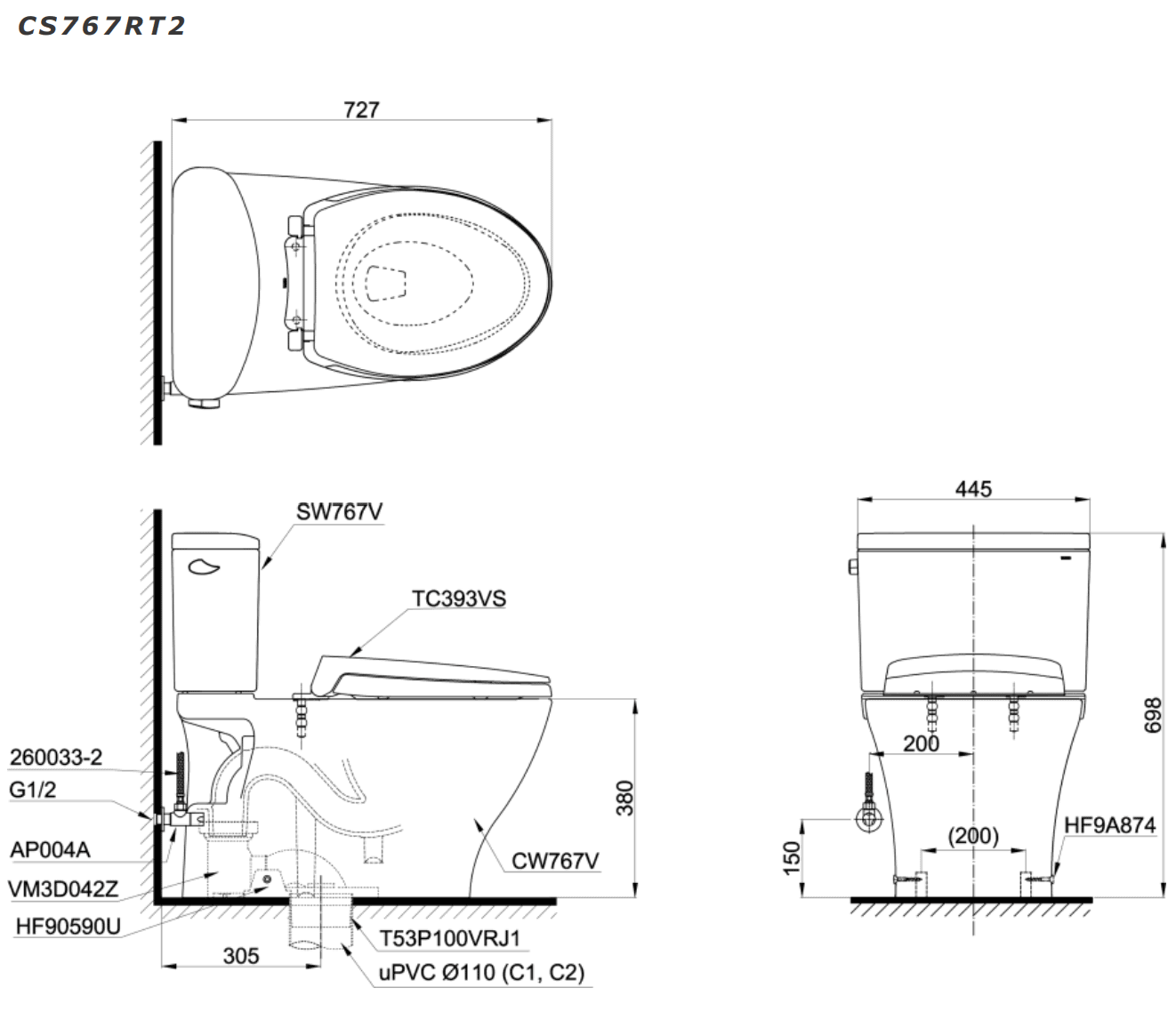 Bồn cầu 2 khối TOTO CS767RT2 nắp đóng êm TC393VS CS767RT2#XW - 2