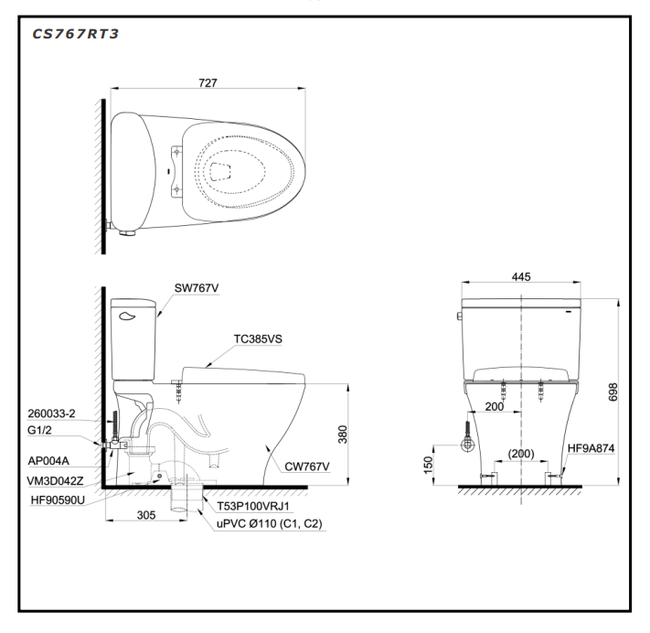 Bồn cầu 2 khối TOTO CS767RT3 nắp đóng êm TC385VS CS767RT3#XW - 2