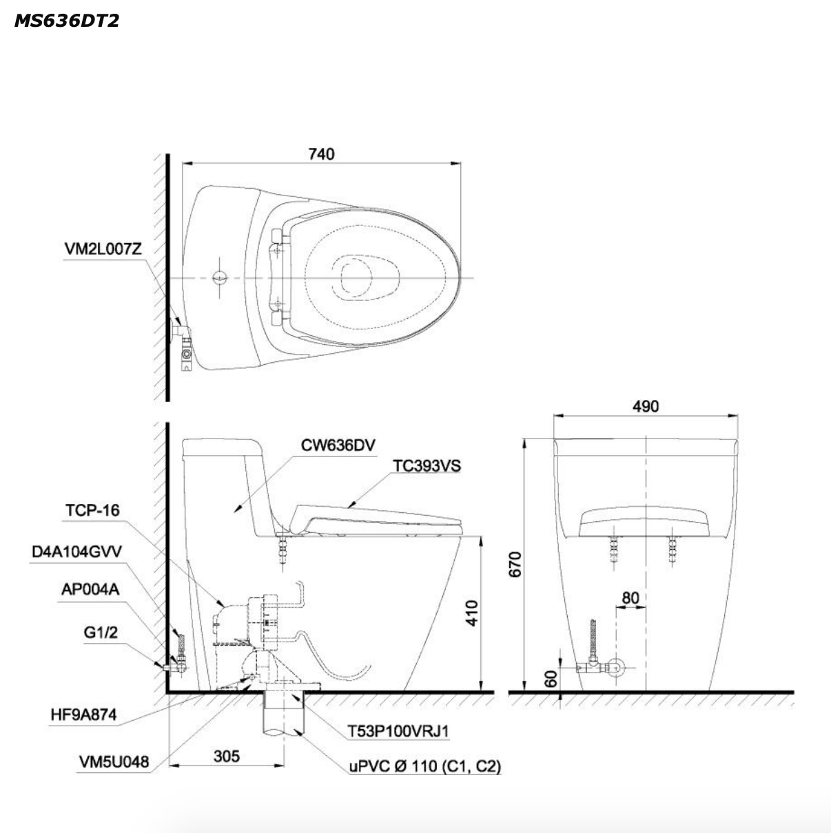 Bồn cầu 1 khối TOTO MS636DT2 nắp đóng êm TC393VS MS636DT2#XW - 2