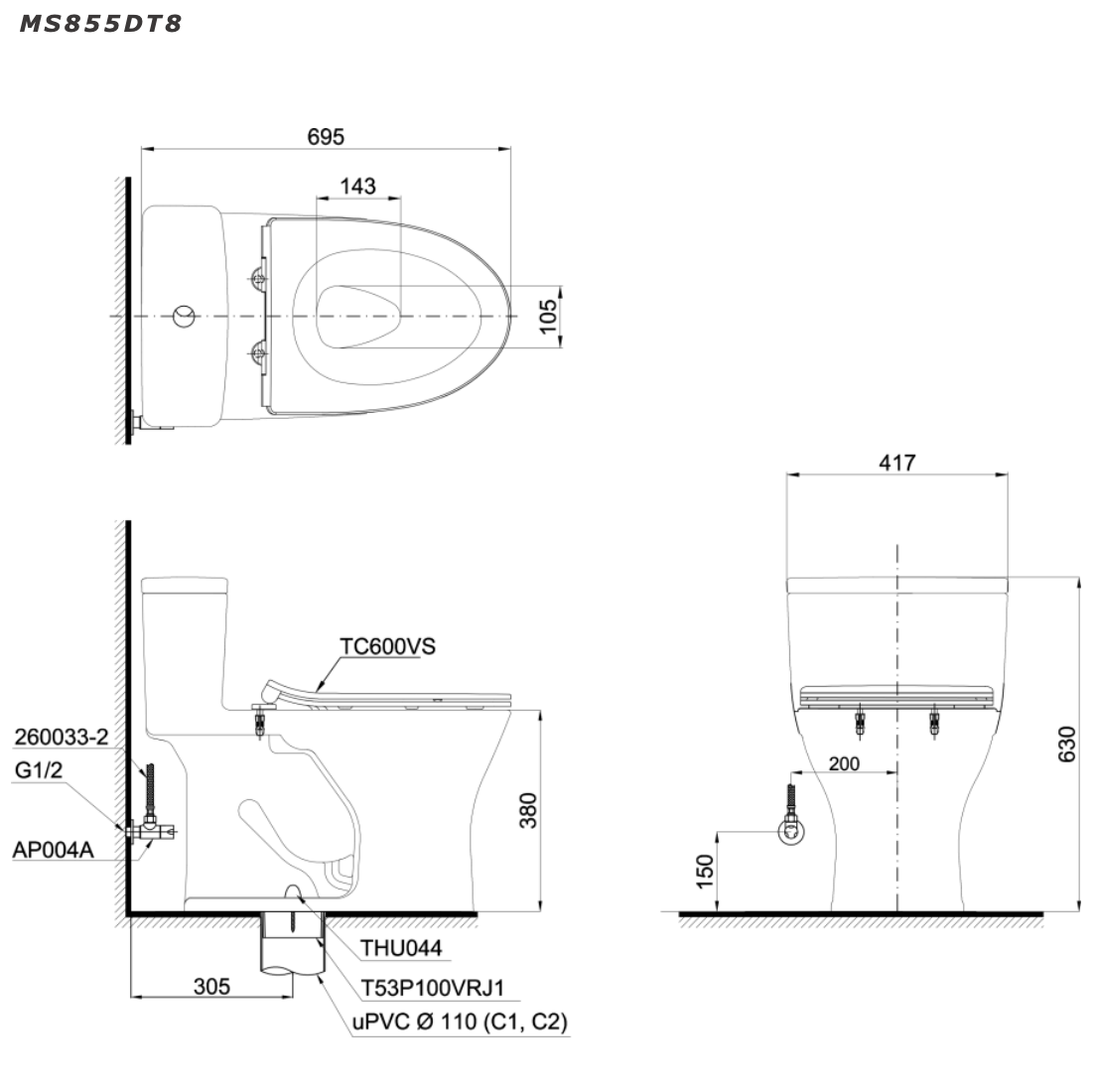Bồn cầu 1 khối TOTO MS855DT8 nắp đóng êm TC600VS MS855DT8#XW - 2
