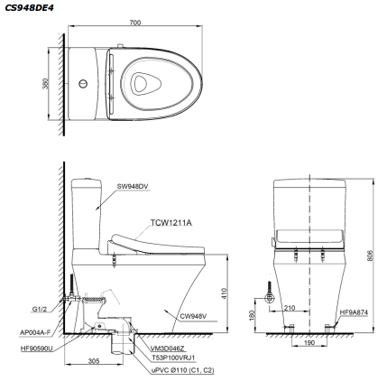 Bồn cầu TOTO CS948DE4 2 khối nắp rửa cơ TCW1211A CS948DE4#XW - 2