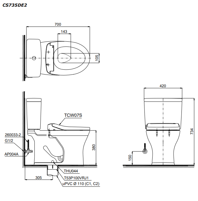 Bồn cầu TOTO CS735DE2 2 khối nắp rửa cơ TCW07S CS735DE2#XW - 2