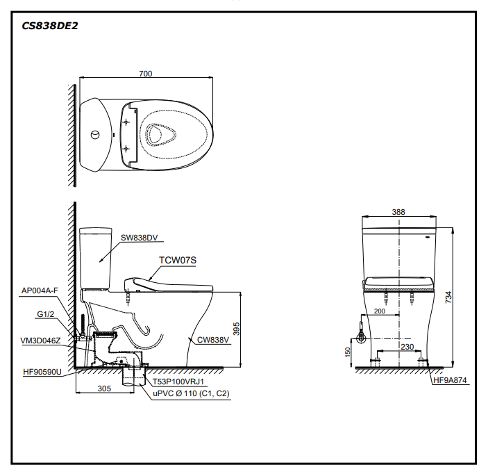 Bồn cầu TOTO CS838DE2 2 khối nắp rửa cơ TCW07S CS838DE2#XW - 2