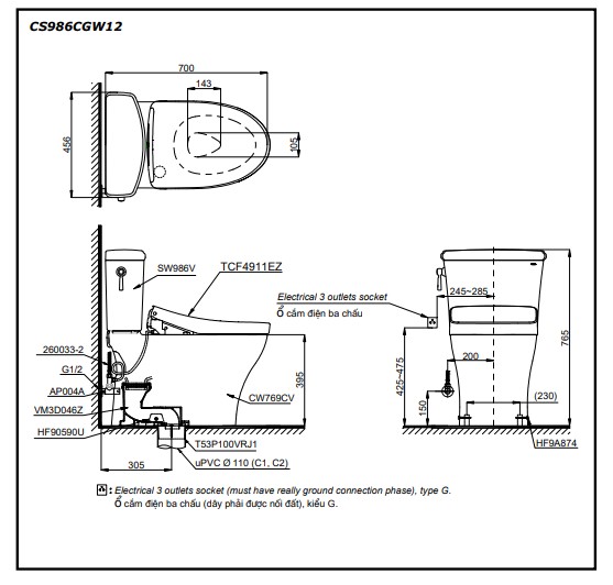Bồn cầu TOTO CS986CGW12 2 khối nắp điện tử Washlet S7 TCF4911EZ giấu dây CS986CGW12#XW - 2