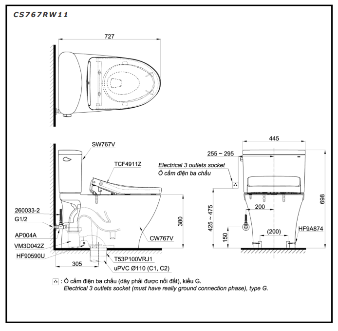 Bồn cầu TOTO CS767RW11 2 khối nắp điện tử Washlet S7 TCF4911Z CS767RW11#XW - 2